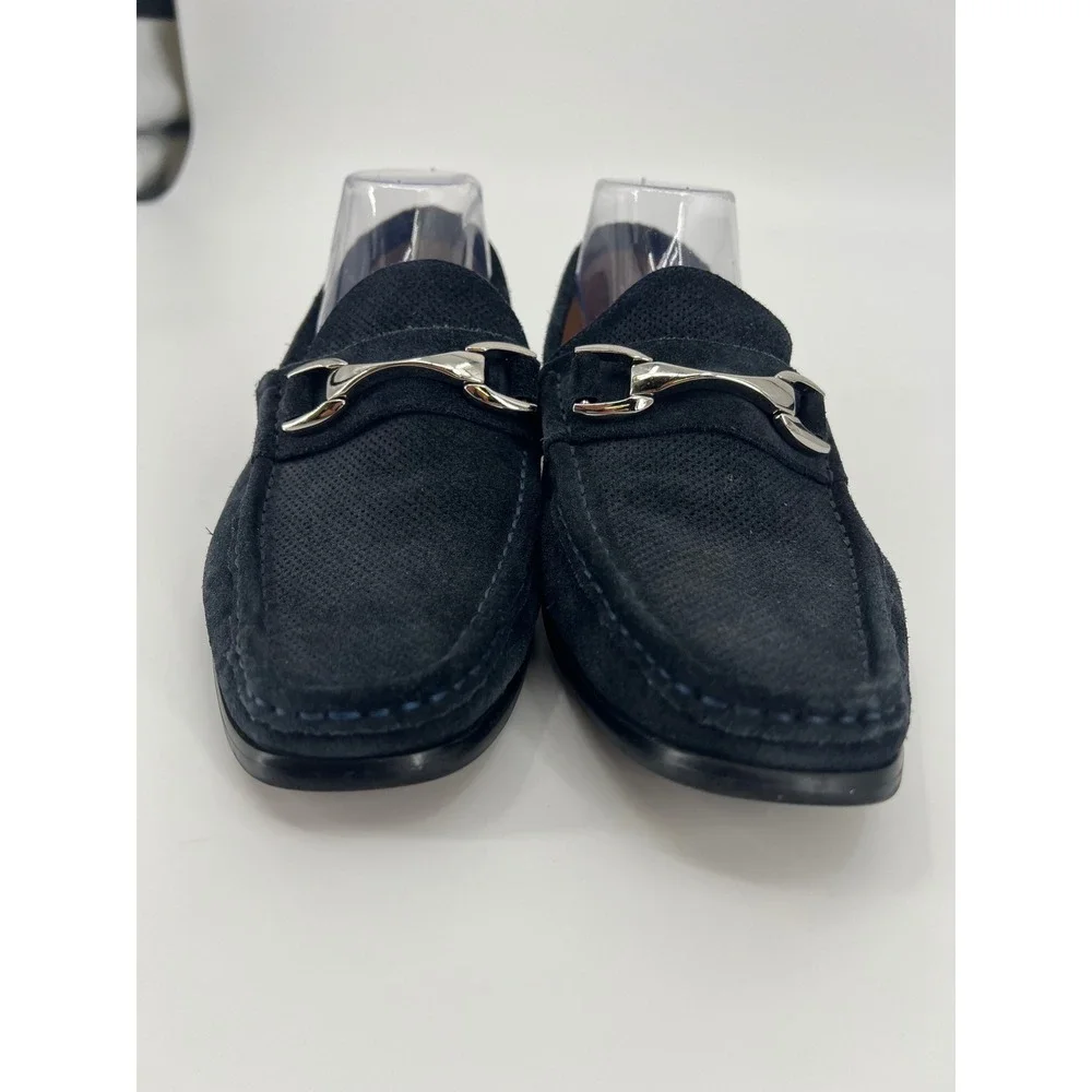 Saks Fifth Avenue Donato Mens 7.5 Navy Blue Suede Bit Loafers Perforated Shoes